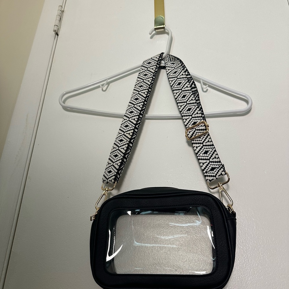 Black Clear Window Crossbody Bag with Patterned Strap